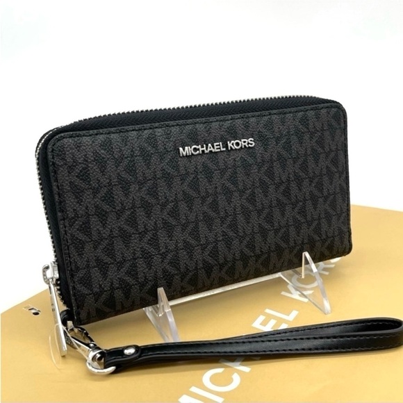 Michael Kors Large Flat Mf Phone Case Wallet Leather Black - Picture 1 of 9